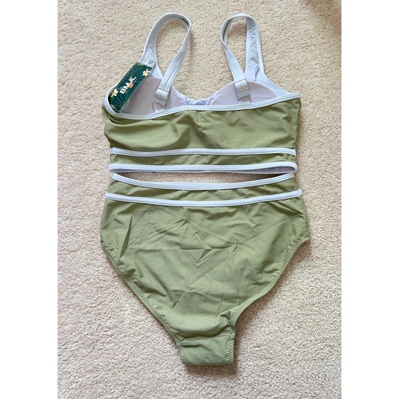 BMJL Bikini Set Olive Green White Trim High Waist Swimsuit Size M - Picture 2 of 6